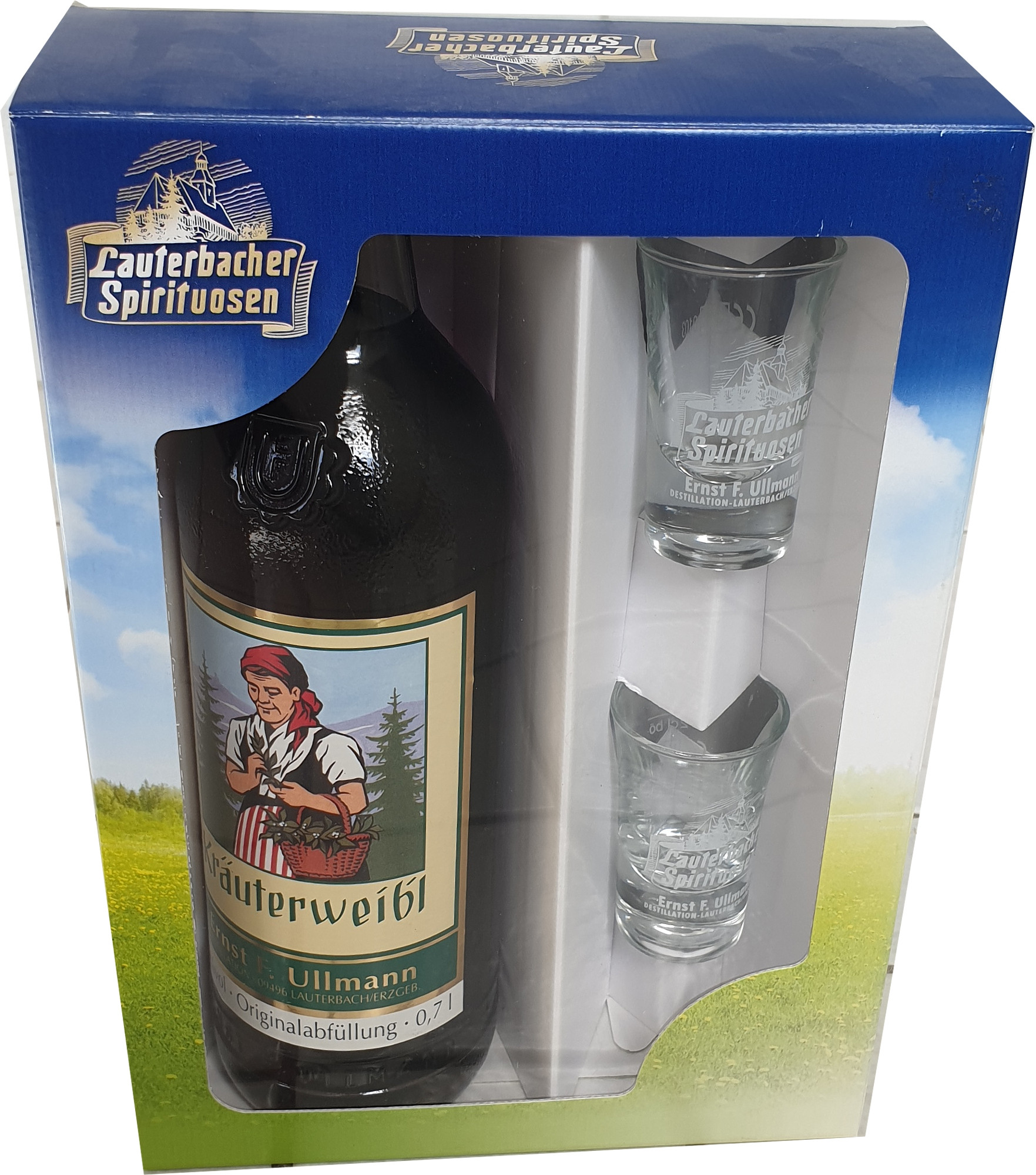 Geschenkkarton Kräuterweibl 1 Fl. 0.70l + 2 Gläser