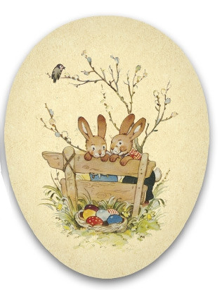 Nestler Osterei Best of Happiness, 2 Hasen auf Bank, 9cm