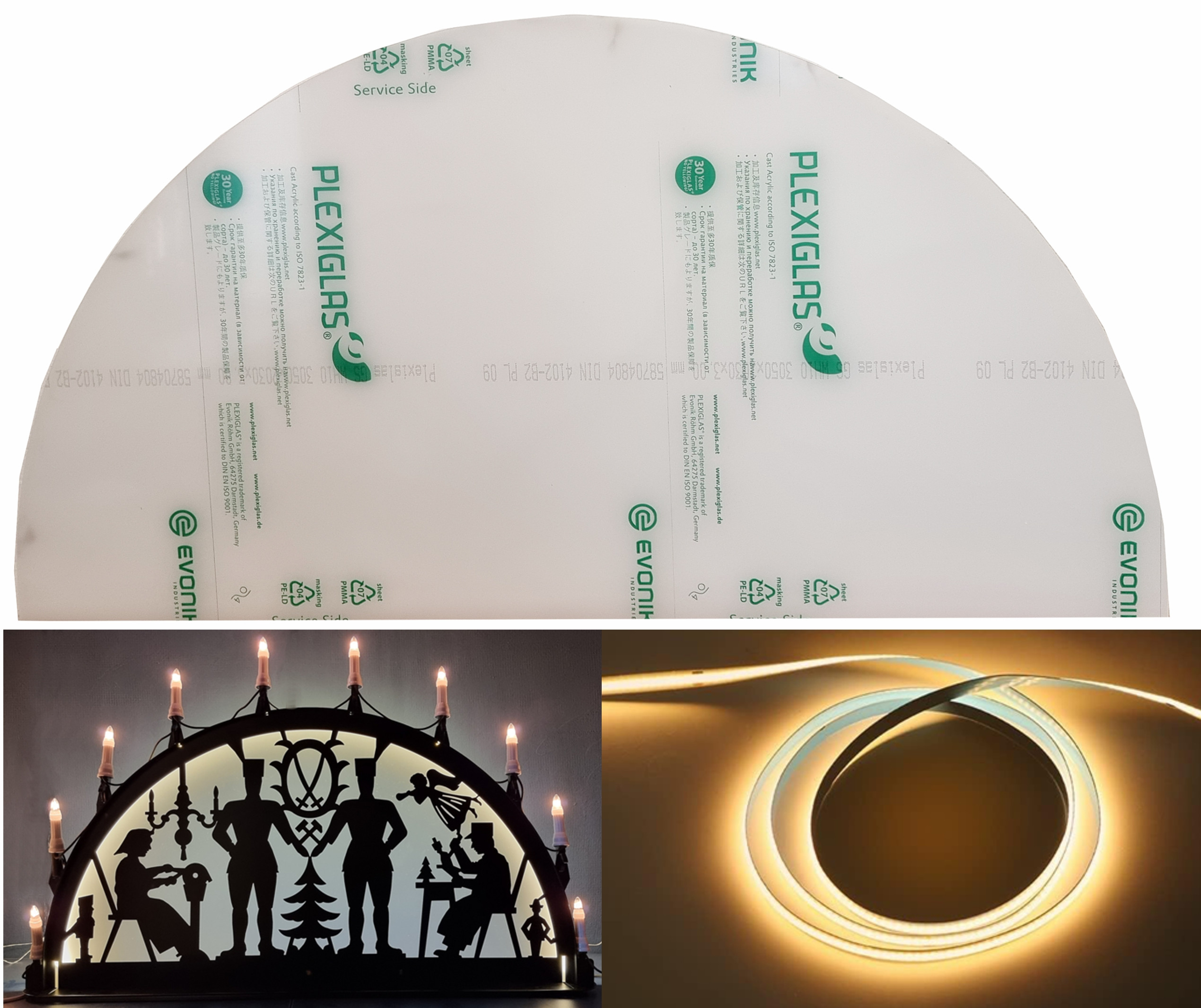 Hinterlegung aus Plexiglas + LED Beleuchtung für Außenschwibbogen 1,5m