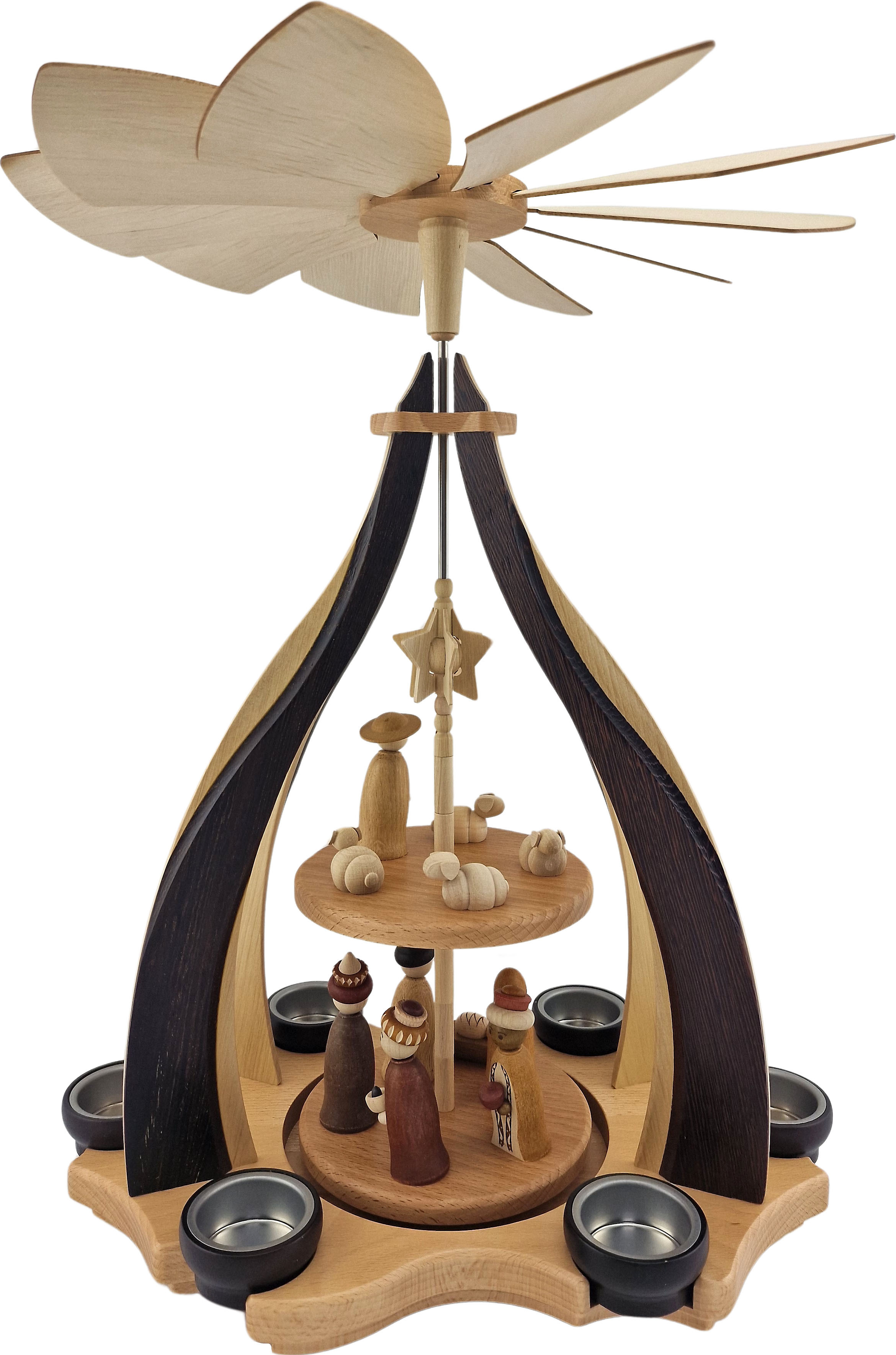 Zeidler Design-Pyramide, Wenge/Hainbuche, mit Christi Geburt für 6 Teelichter