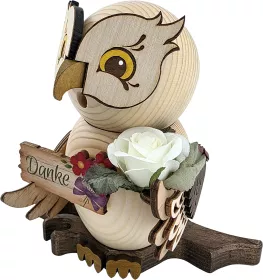Drechslerei Kuhnert Räucherfigur Eule mit Dankeschild