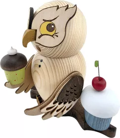Drechslerei Kuhnert Räucherfigur Eule mit Muffins